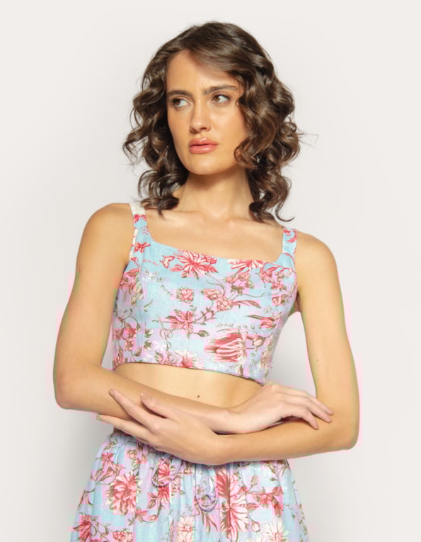 Top alça estampado linho blend Azul claro/rosa escuro