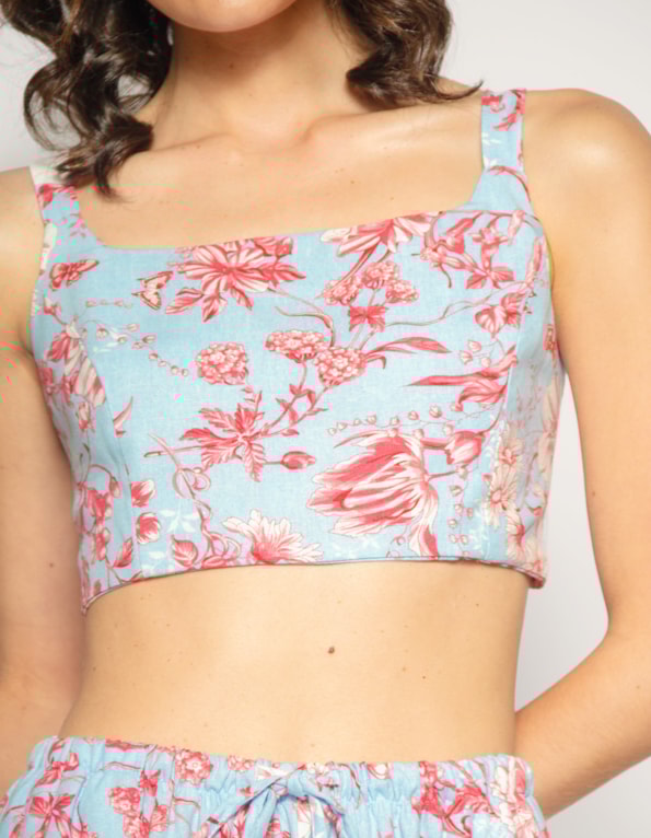 Top alça estampado linho blend Azul claro/rosa escuro