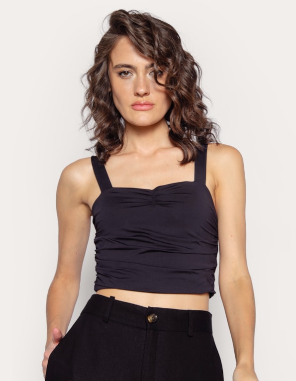 Top alça franzido decote Preto
