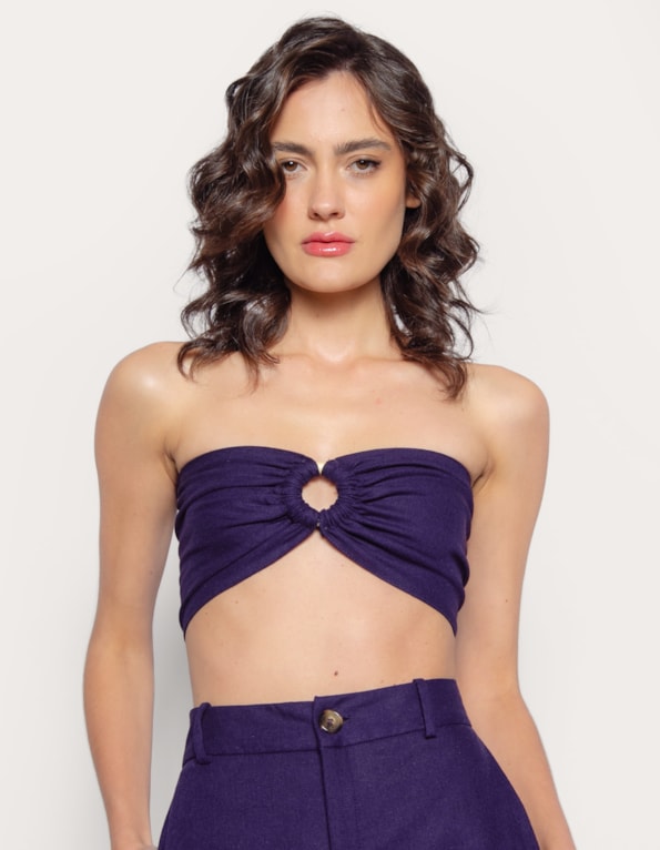 Top faixa argola linho blend Azul escuro