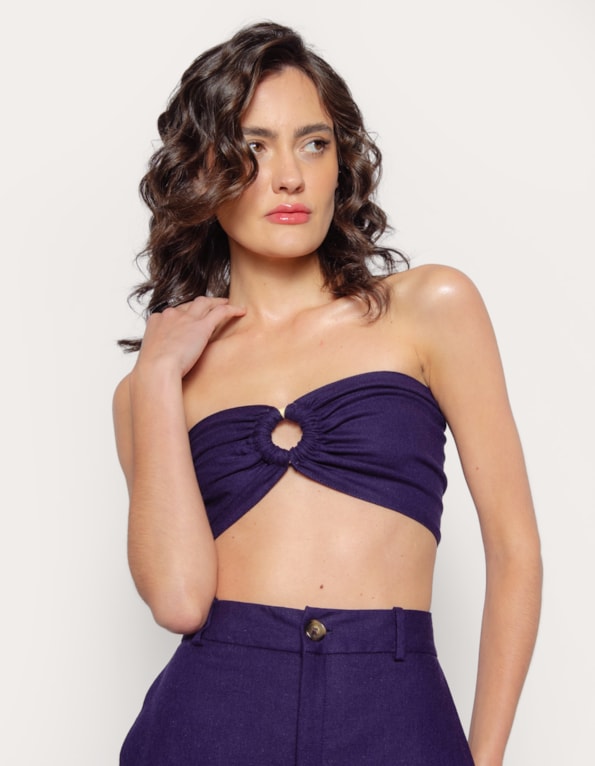 Top faixa argola linho blend Azul escuro