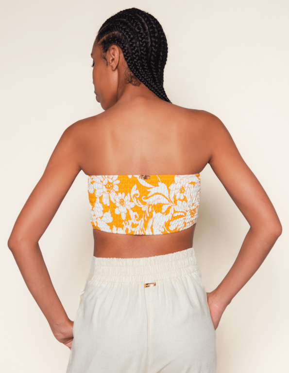 Top faixa argola linho blend estampado Mostarda/off