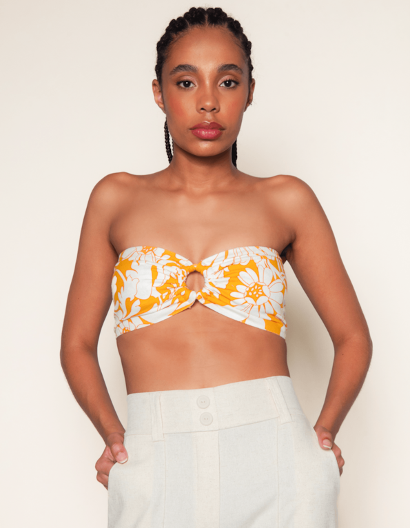 Top faixa argola linho blend estampado Mostarda/off