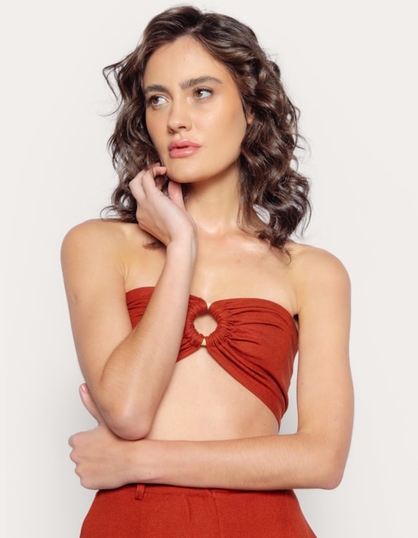 Top faixa argola linho blend Marrom medio
