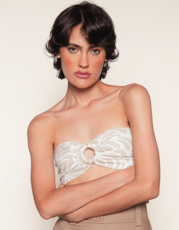 Top faixa argola linho estampado Off white