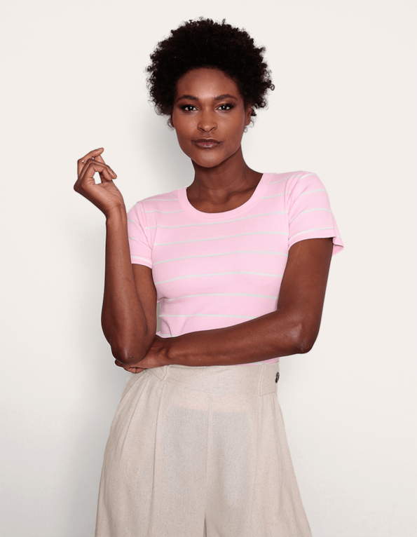 Tshirt manga curta listrada Rosa po
