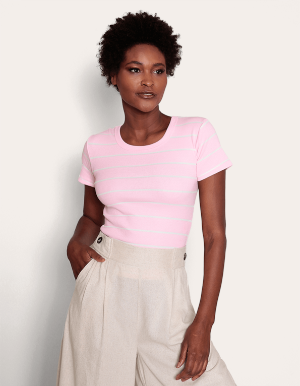 Tshirt manga curta listrada Rosa po