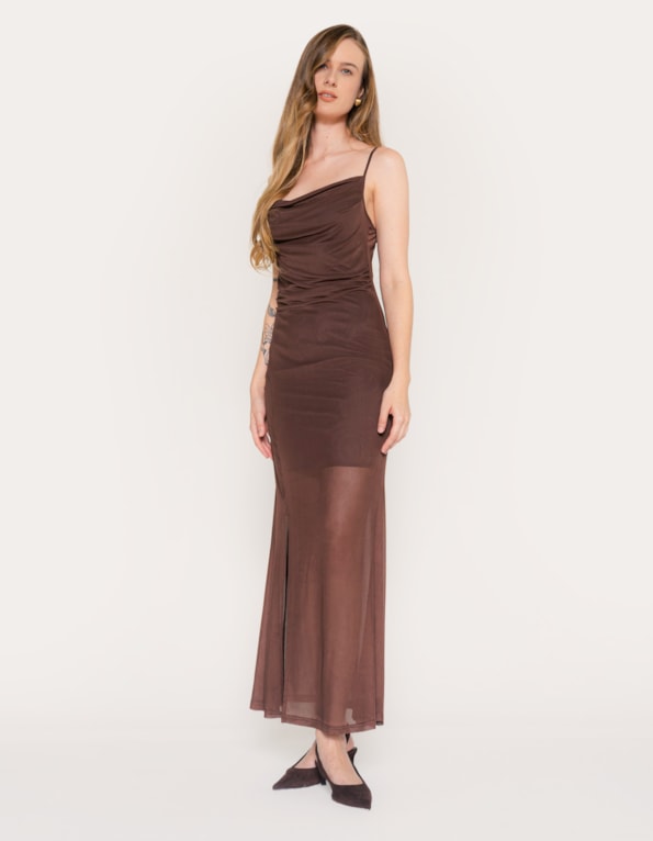 Vestido alcinha tule drapeado Marrom escuro