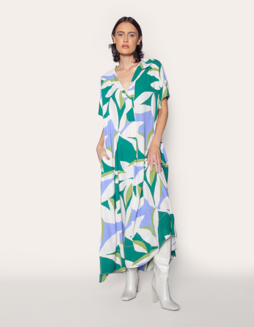 Vestido camisaria longo estampa folhagem verde