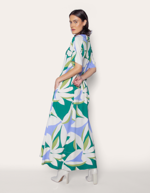 Vestido camisaria longo estampa folhagem verde