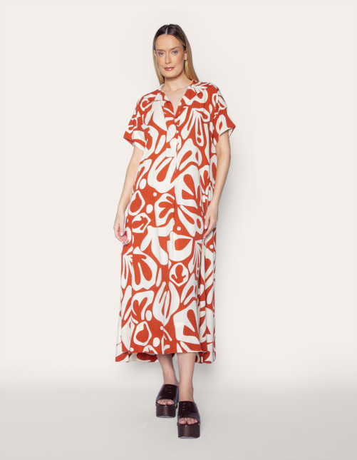 Vestido camisaria longo estampa marrom abstrata