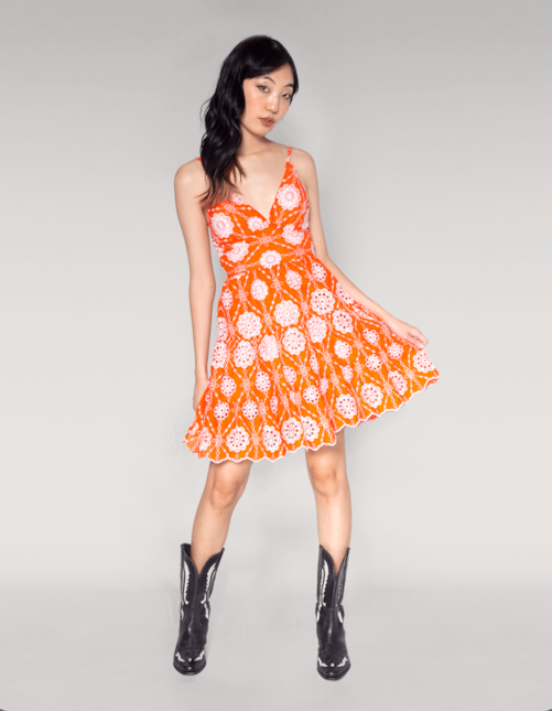 Vestido curto alcinha laise bordado Fl geo laranja