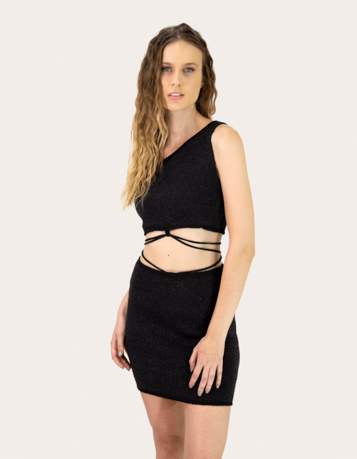 Vestido curto amarração tricot lurex  Preto