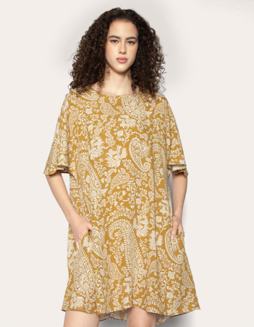 Vestido curto amplo Floral curry