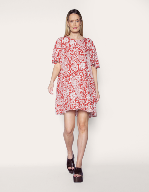 Vestido curto amplo floral ocre