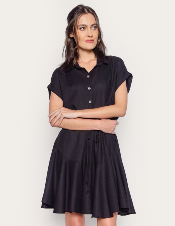 Vestido curto chemise linho blend Preto