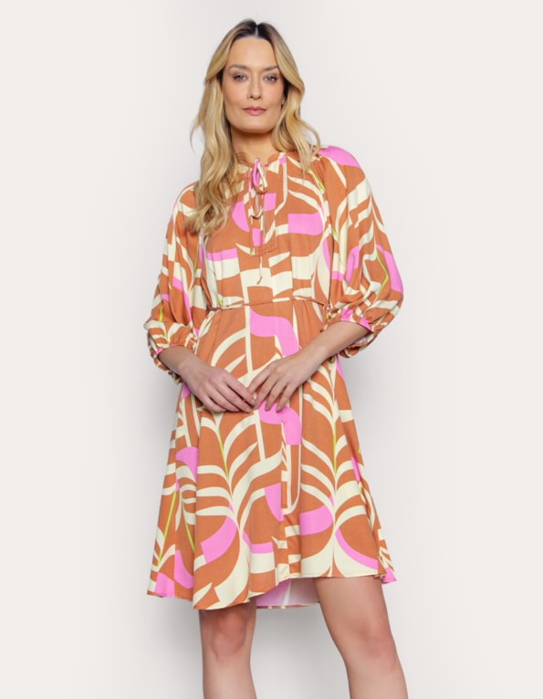 Vestido curto manga bufante estampado Marrom/rosa