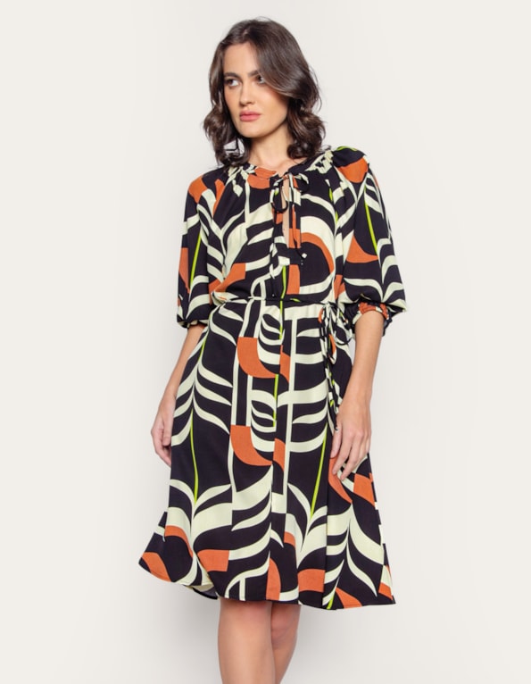 Vestido curto manga bufante estampado Preto/marrom medio