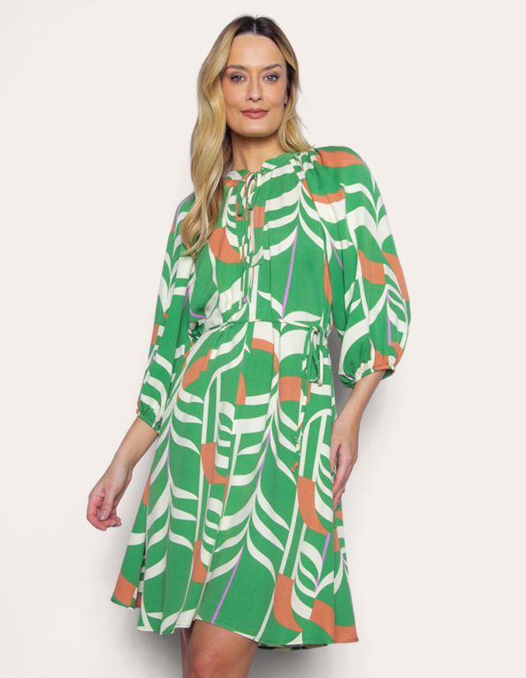 Vestido curto manga bufante estampado Verde/marrom