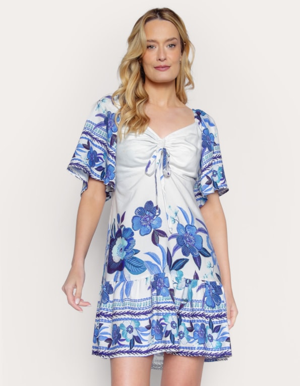 Vestido curto manga gode estampado Off white/azul medio