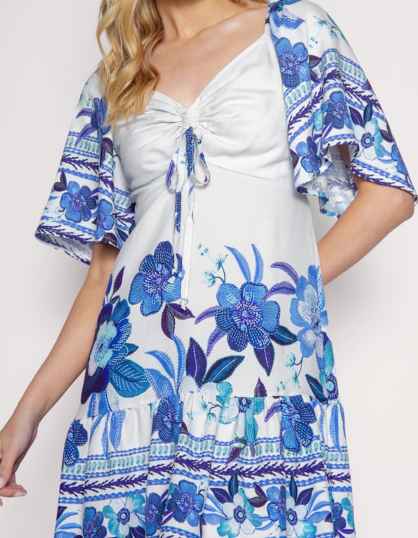 Vestido curto manga gode estampado Off white/azul medio