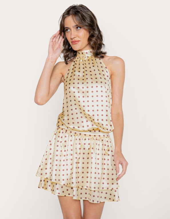 Vestido curto poa gola alta e babados Amarelo