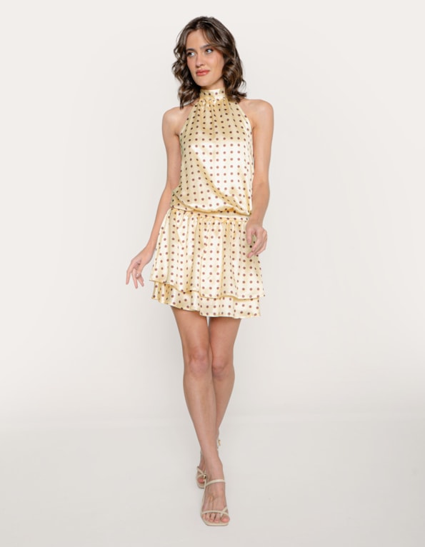 Vestido curto poa gola alta e babados Amarelo