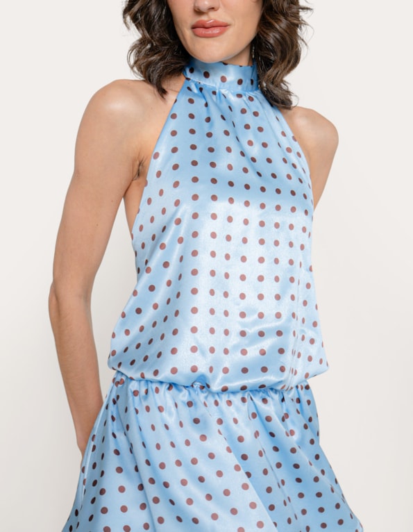 Vestido curto poa gola alta e babados Azul