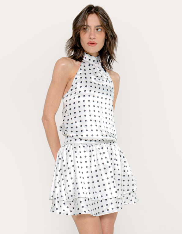Vestido curto poa gola alta e babados Branco