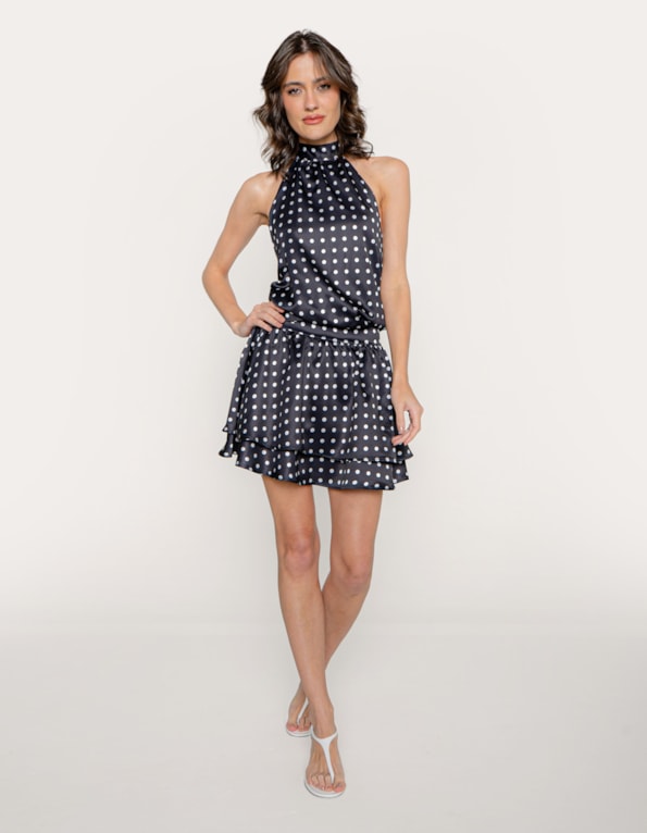 Vestido curto poa gola alta e babados Preto