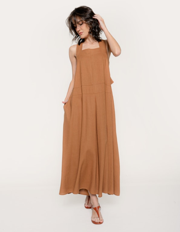 Vestido gola quadrada amplo linho blend Marrom