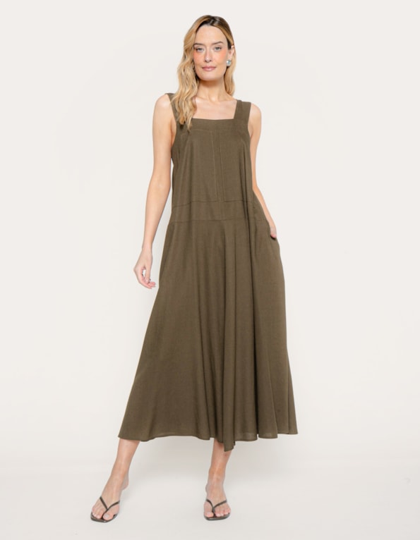 Vestido gola quadrada amplo linho blend Oliva escuro