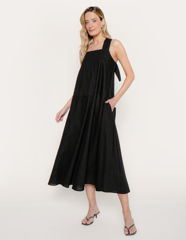 Vestido gola quadrada amplo linho blend Preto