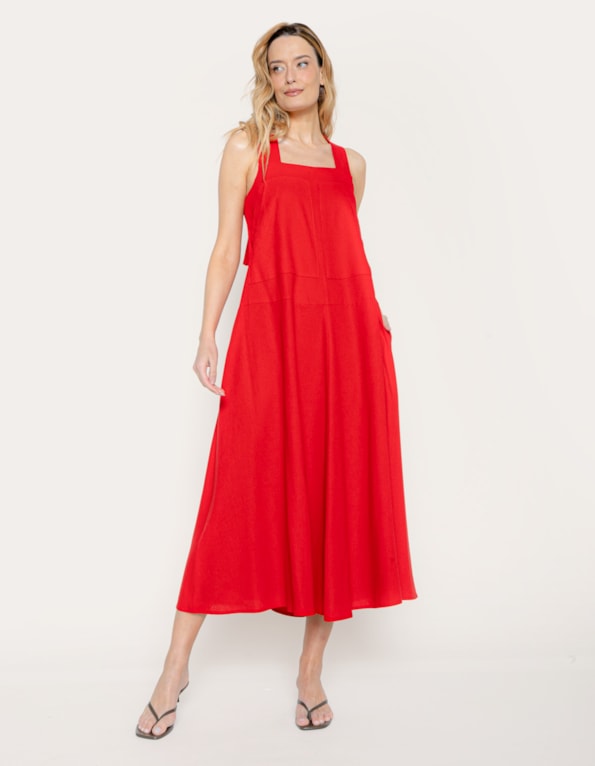 Vestido gola quadrada amplo linho blend Vermelho