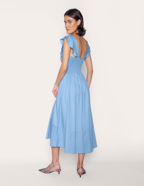 Vestido longo alça babado Azul