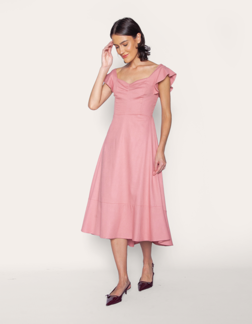 Vestido longo alça babado rosa