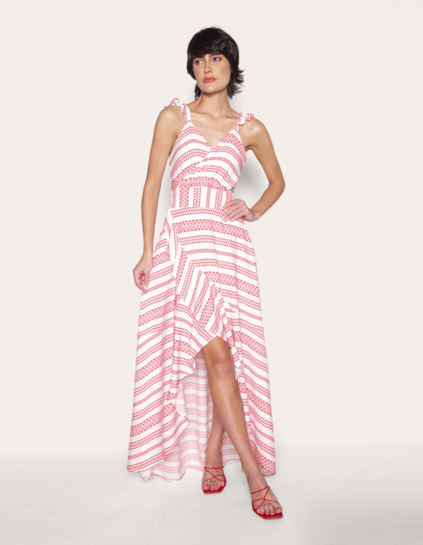 Vestido longo alça babado Tribal vermelho