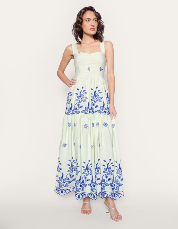 Vestido longo alça larga laise Off/azul escuro