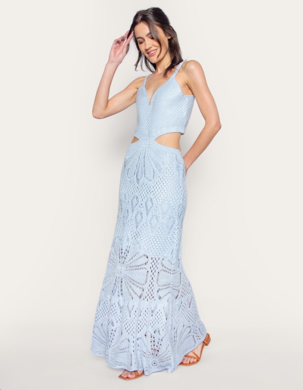 Vestido longo alça tricot vazado cintura
