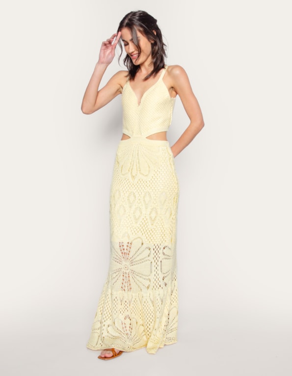 Vestido longo alça tricot vazado cintura Amarelo claro