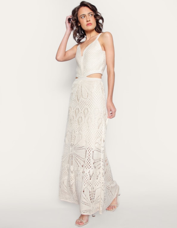 Vestido longo alça tricot vazado cintura Bege claro