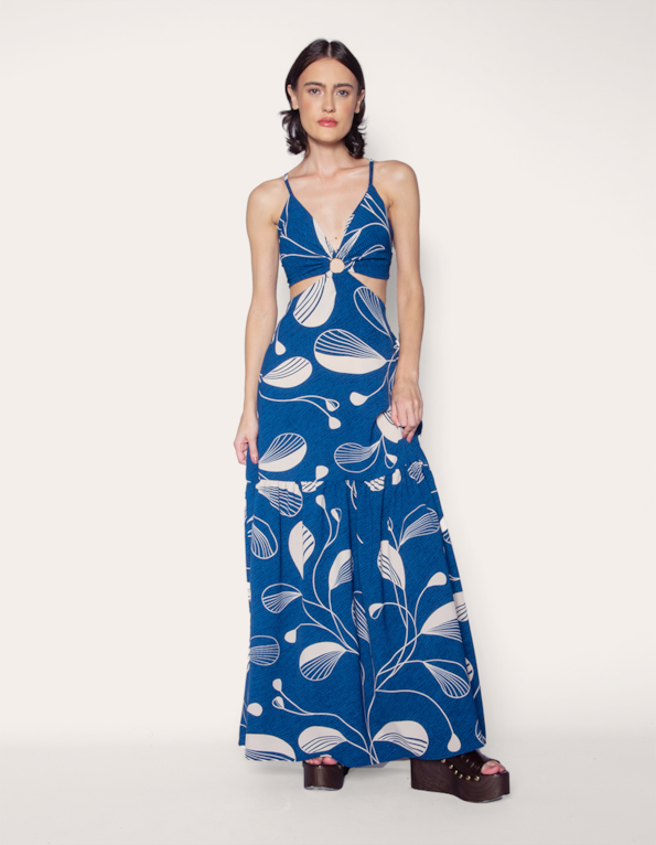 Vestido longo alcinha em estampa petróleo