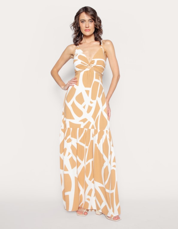 Vestido longo alcinha estampado Bege medio/branco