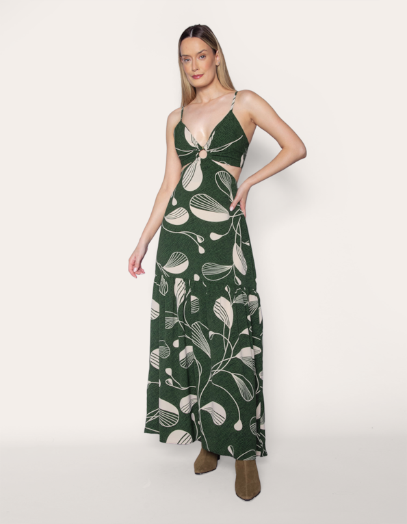 Vestido longo alcinha estampado Fl listra verde