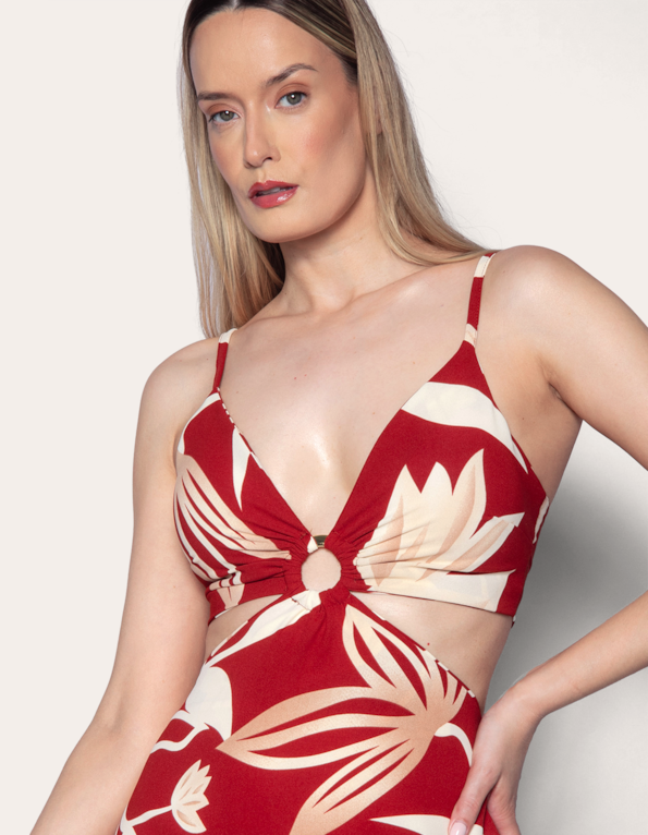 Vestido longo alcinha estampado Folhagem telha