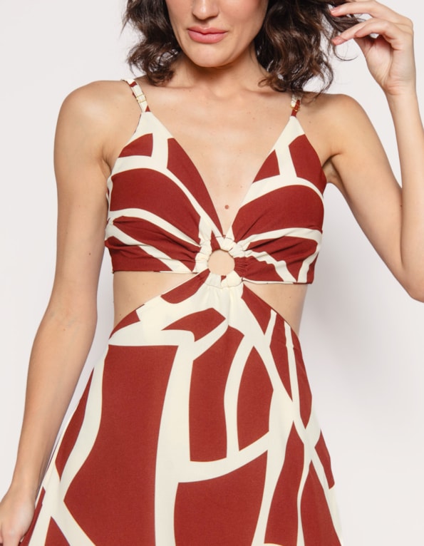 Vestido longo alcinha estampado Marrom/branco
