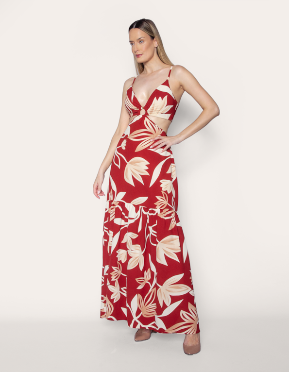 Vestido longo alcinha folhagem telha