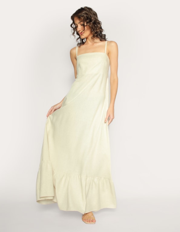 Vestido longo alcinha linho blend Bege claro