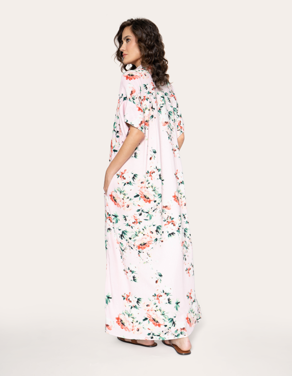 Vestido longo amplo chemise linho blend estampado