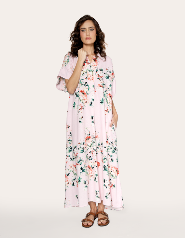 Vestido longo amplo chemise linho blend estampado